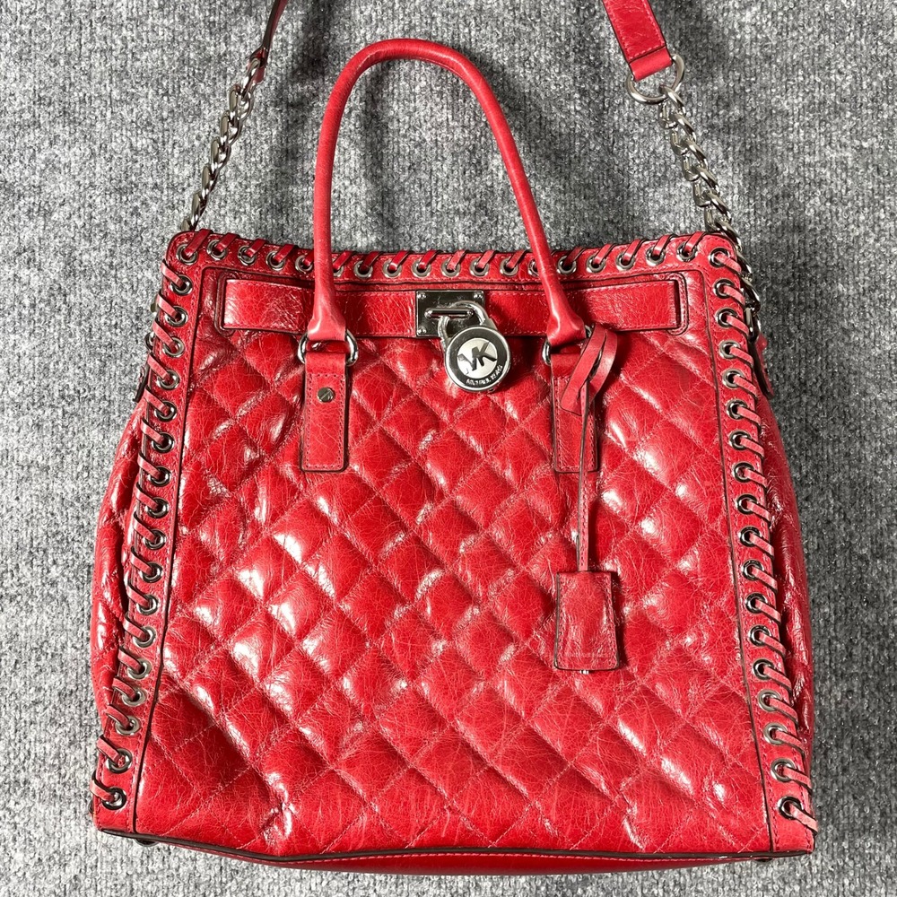 Michael Kors Tote Womens Large Red Quilted Leather Hamilton Grommet Handbag Lock